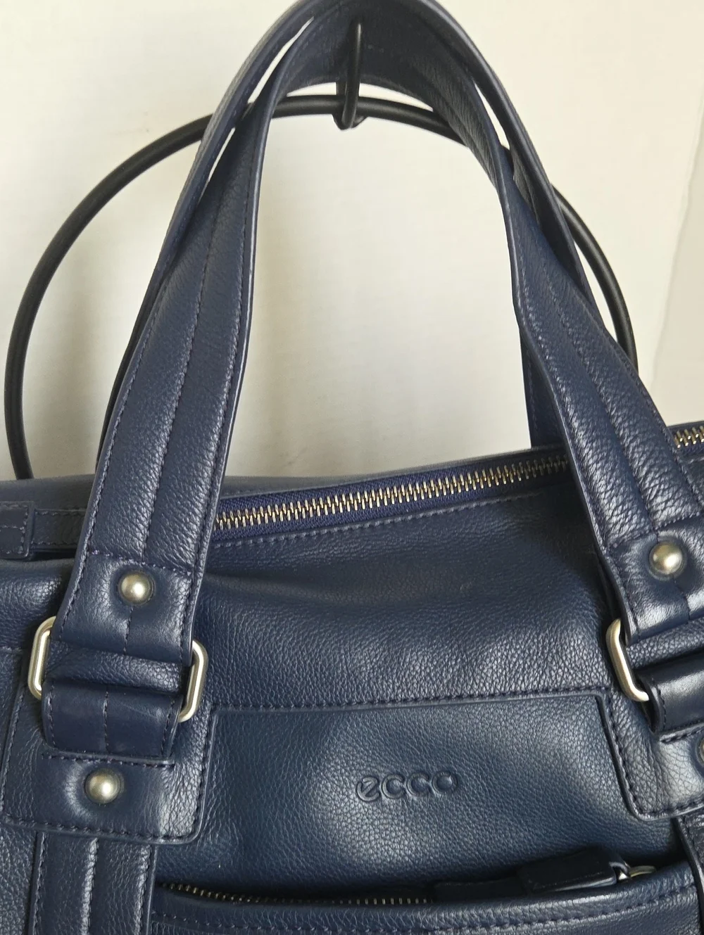 ECCO Navy Blue Hrained Leather Top-Handle Satchel Bag
